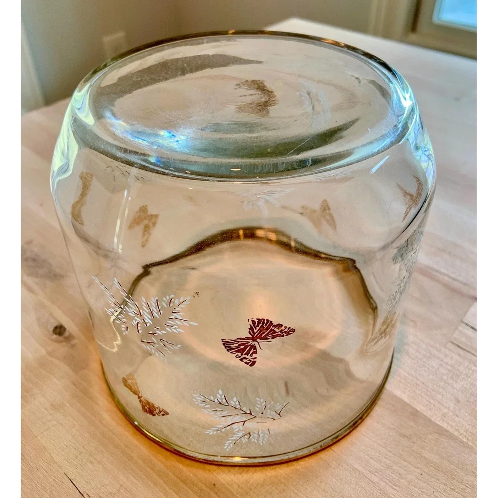 MCM 1970s Vintage Gold Butterfly and White Leaf Glass Ice Bucket w/ Golden Tongs